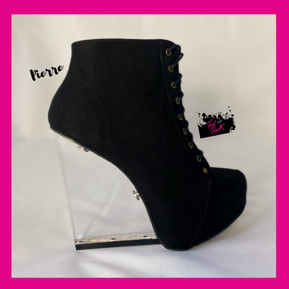 PIERRE- BLACK SUEDE CLEAR HEELED LACE UP WEDGE BOOTIE WITH GOLD ACCENTS/RUBBER